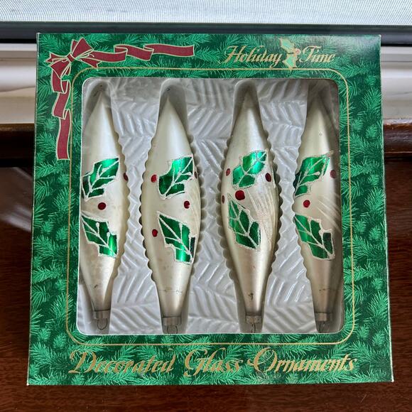 Holiday Time Vintage Glass Ornaments – Set of 4 Holly Teardrops, 6” - Picture 4 of 12